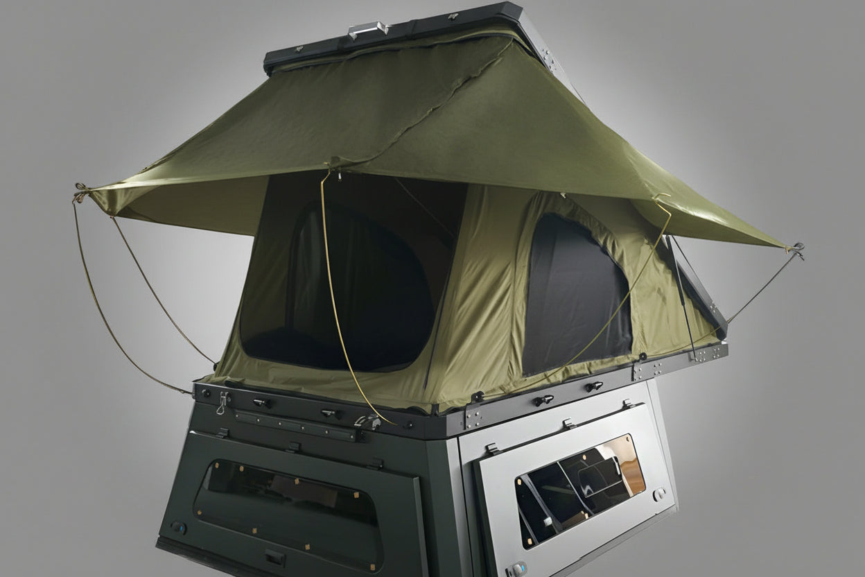 Roof top tent with transparent awning on a gray background