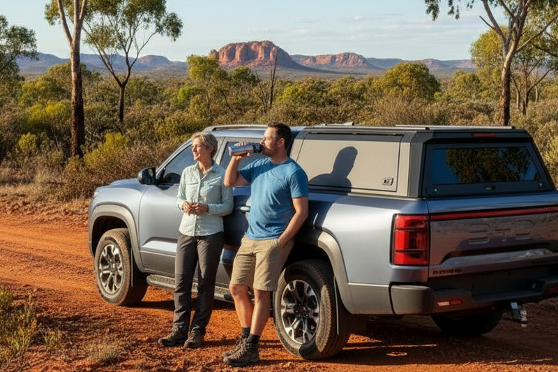 Two people standing next to a silver SUV ute with custom aluminium canopy in a desert landscape with mountains in the background.