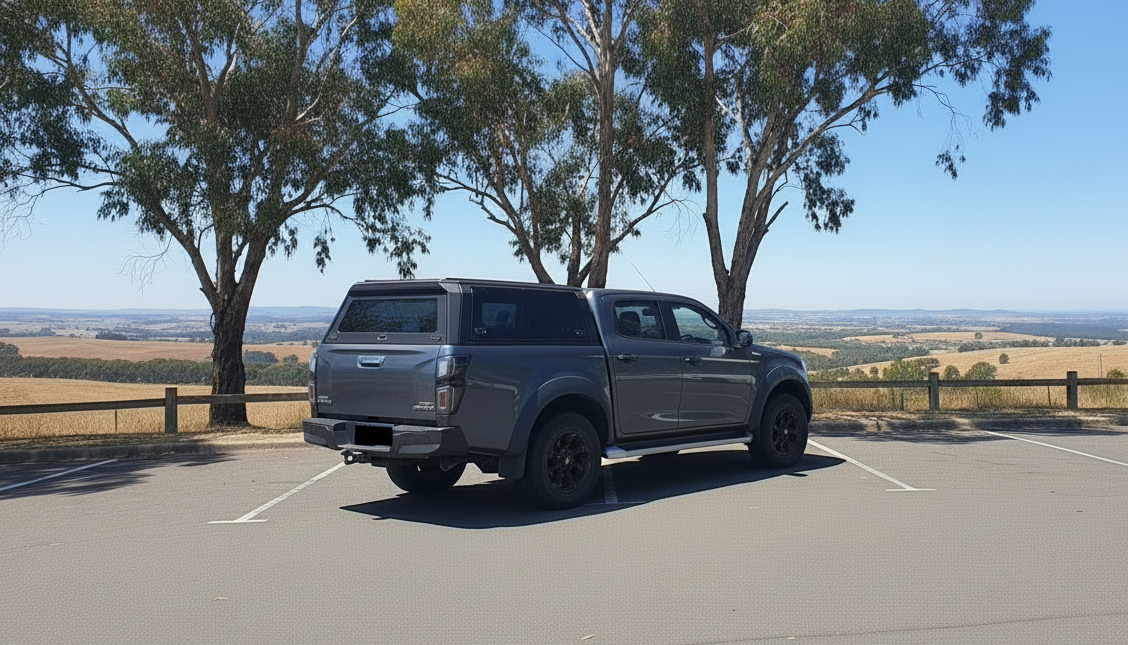 Gray pickup ute truck with custom canopy parked in a scenic area with trees and open landscape.