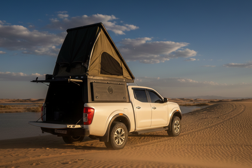 Trade ute with a camper canopy in a desert 