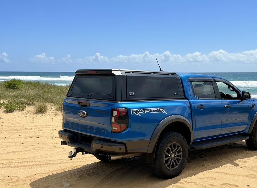 Blue Ford Raptor truck with aluminium canopy on a sandy beach 