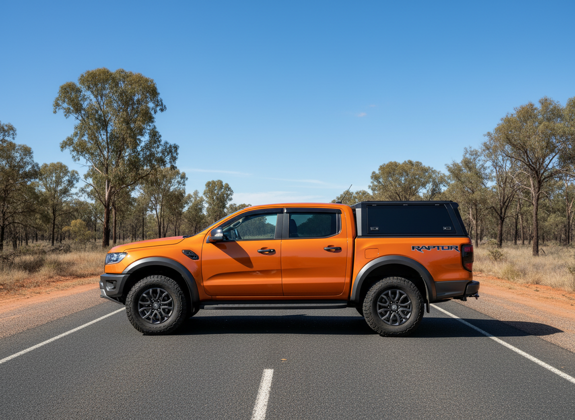 Orange Ford Ranger Raptor on a road with aluminium canopy