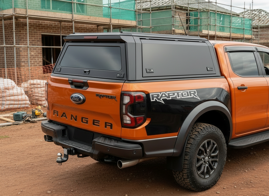 Orange Ford Ranger Raptor ute truck aluminium canopy on a construction site
