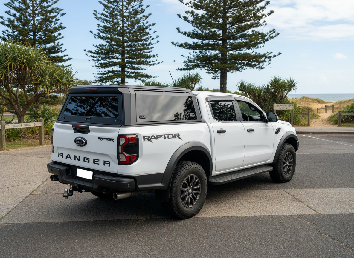 White Ford Ranger Raptor ute truck with aluminium canopy parked on a road with trees and ocean