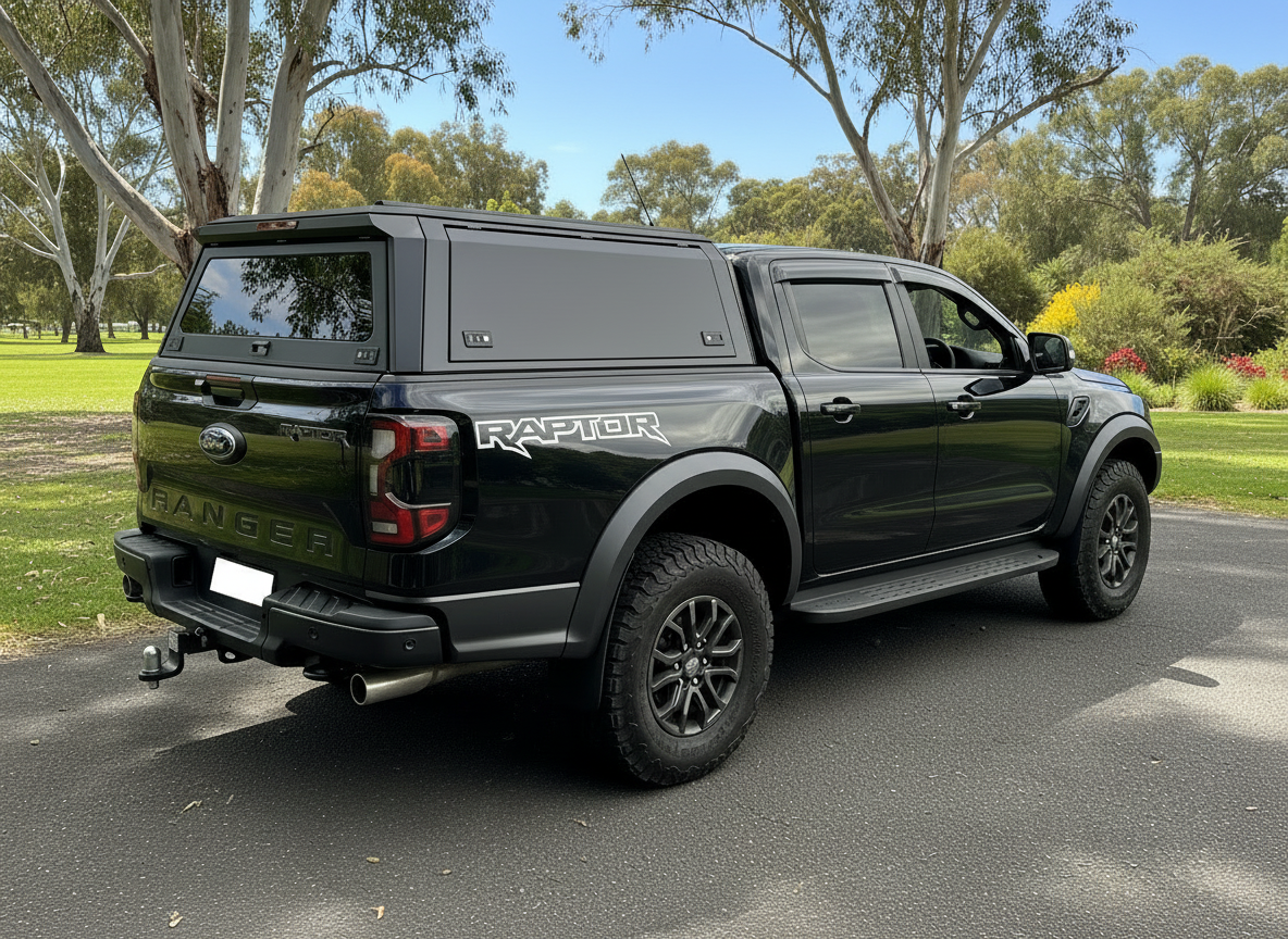 Black Ford Ranger Raptor ute truck with aluminium canopy with a clear background
