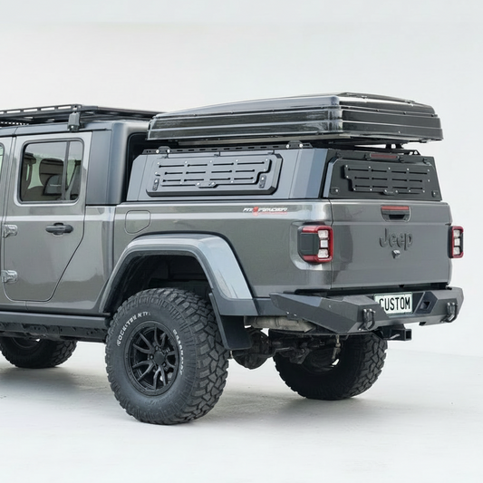 Silver off-road ute with a hard roof rack, tent and custom canopies low profile ute canopy