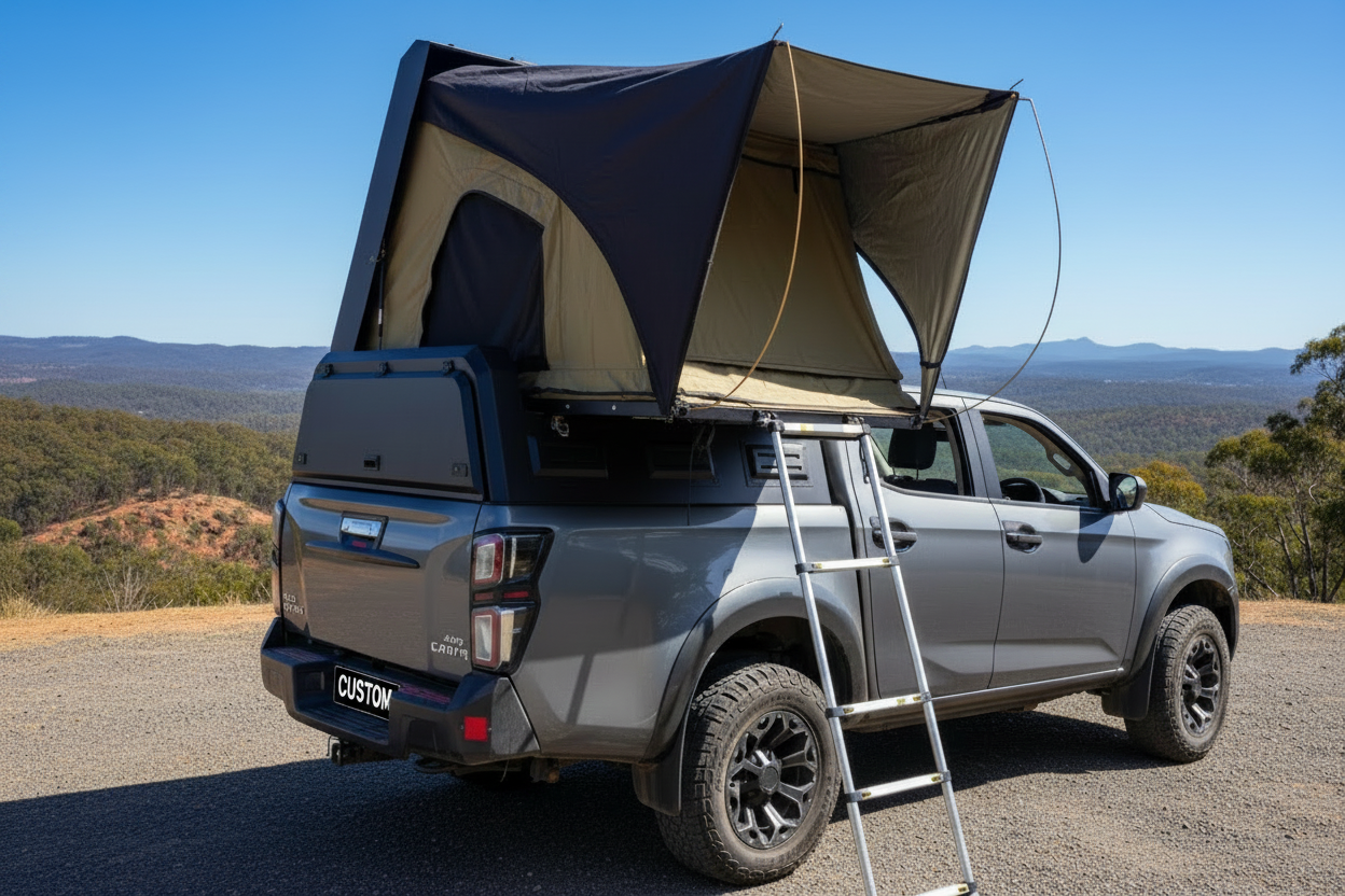 Gray truck with a custom canopies stealth camper & rooftop tent in a scenic outdoor setting