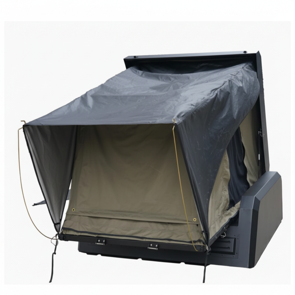 custom canopies Roof top tent with gray and beige interior on a white background