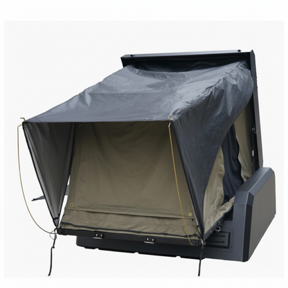 custom canopies Roof top tent with gray and beige interior on a white background