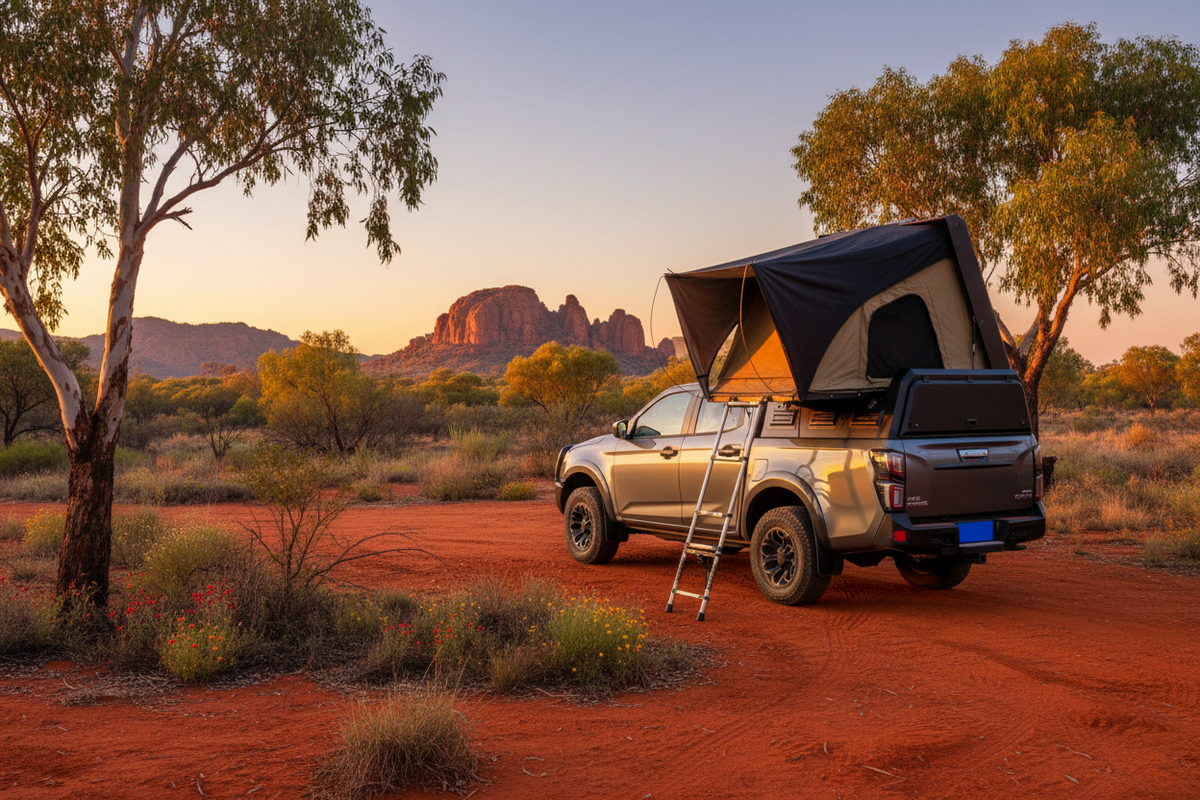 Pickup ute truck with a rooftop tent canopyon a grassy field