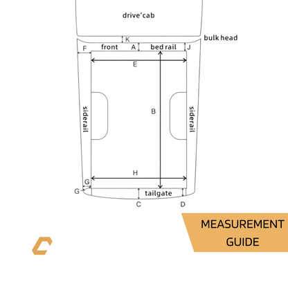 customer canopies Measurement guide diagram of a vehicle's cab and bed dimensions with labels.