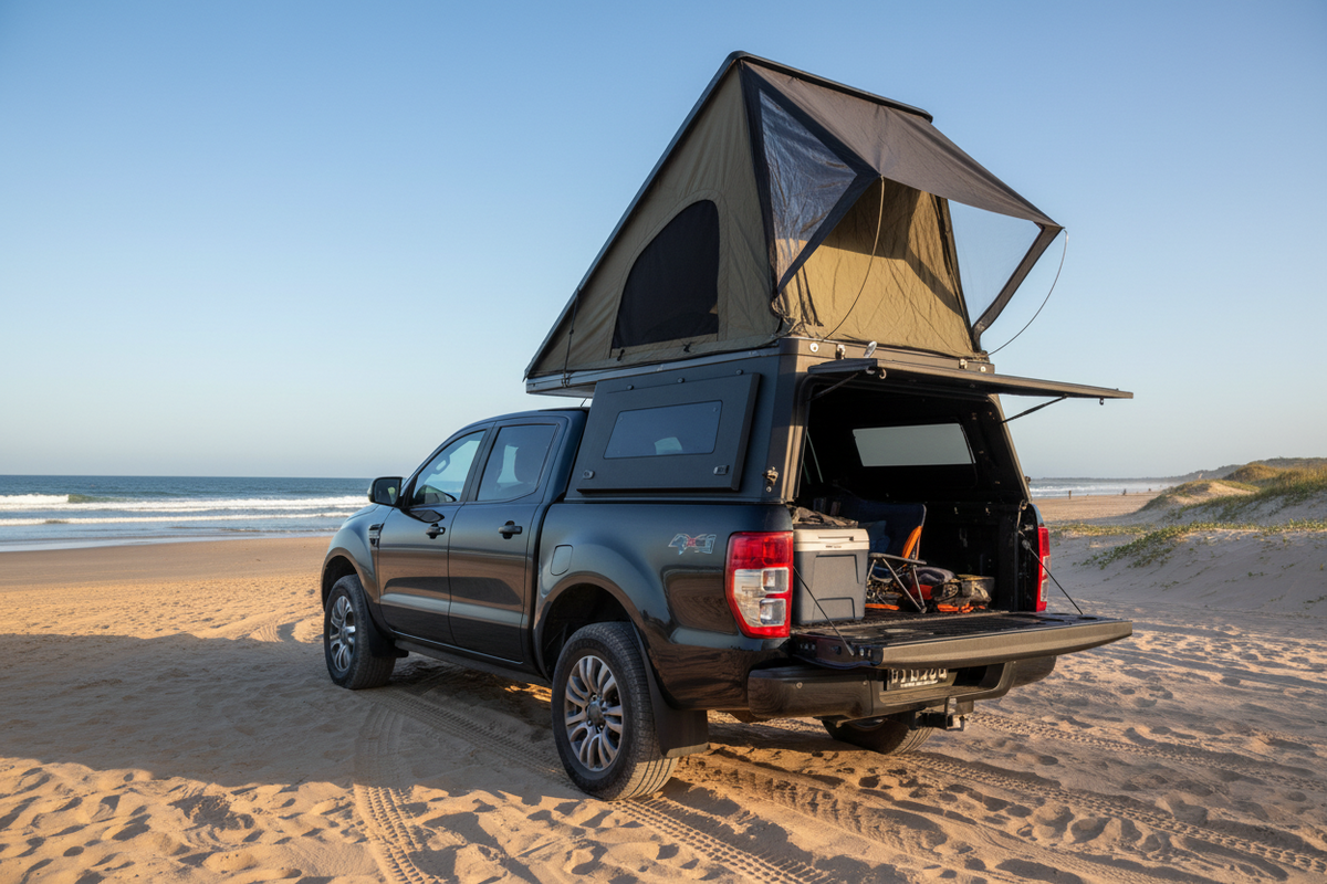 ford ranger adventura camper integrated roof top tent canopy on a beach