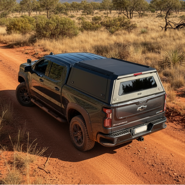Chevrolet Silverado truck on a dirt road in a desert landscape
